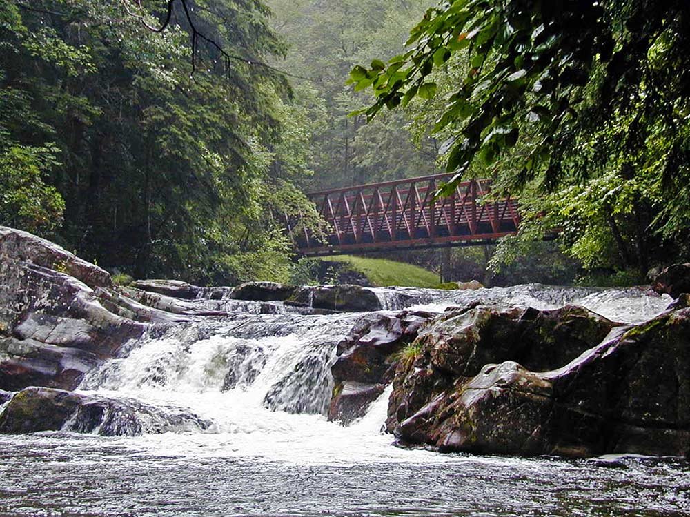 A metal truss bridge spans a forest stream above a small waterfall, a scenic highlight among things to do in Ashe County NC.